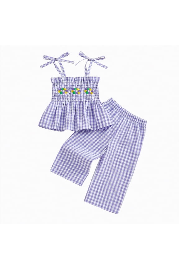 Baby Girl Clothes Summer Toddler Girls Spring Outfit Peter Pan Collar Sleeveless Plaid Vest Tops Elastic Waist Pants Set Kids Summer Clothes(Purple,6-12 Months)