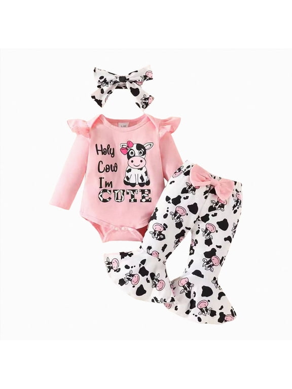 Baby Girl Cow Print Outfit Infant Cow Clothes for Girls Baby Bell Bottom Girls Short Sets(Pink,0-3 Months)