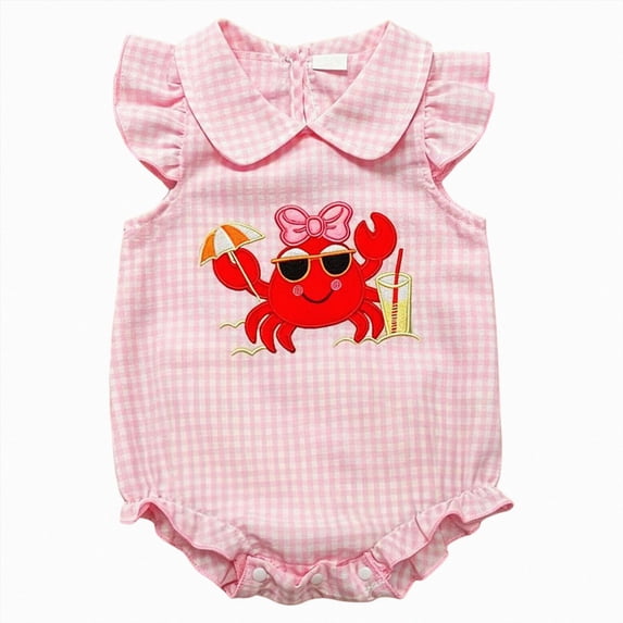 mgoYE Baby Girl Crab Outfit Crawfish Embroidery Sleeveless Plaid Romper Dress Ruffle Bodysuit Newborn Summer Clothes(Pink,0-3 Months)