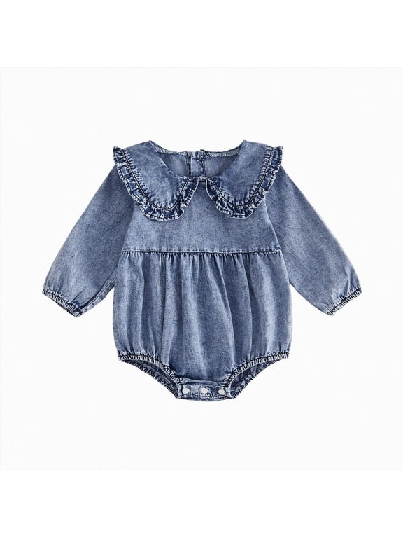 Baby Girl Denim Romper Long Sleeve Ruffles Doll Collar Button Bodysuit Bubble Shirt Jumpsuit(Blue,12-18)