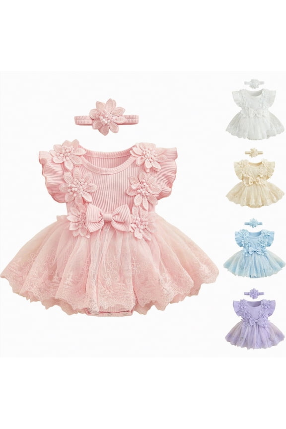 Baby Girl Dresses 0-3 Months Newborn Baby Girl 1st Birthday Outfit Floral Lace Tulle Romper Tutu Dress Cake Smash Princess Boho Clothes Photo Shoot(Purple,0-3 Months)