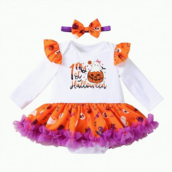 mgoYE Baby Girl Fall Clothes My 1st Halloween Pumpkin Long Sleeve Tutu Dress Romper +Headband|Beige 1-3 Months