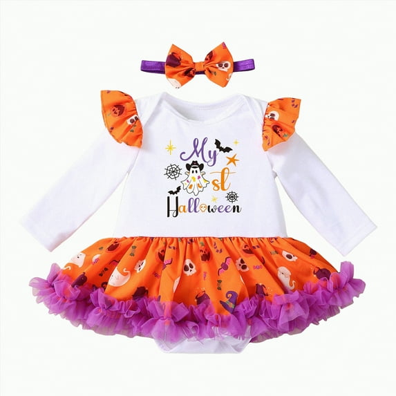 mgoYE Baby Girl Fall Clothes My 1st Halloween Pumpkin Long Sleeve Tutu Dress Romper +Headband|Khaki 9-12 Months
