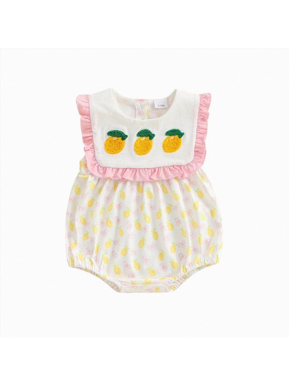 Baby Girl Fruit Clothes Lemon Embroidery Smocked Bubble Romper Sleeveless Ruffled Bodysuit Summer Outfit Size 3-6 Months Yellow