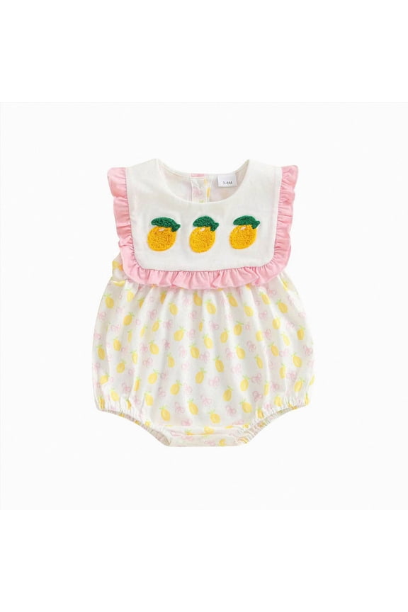 Baby Girl Fruit Clothes Lemon Embroidery Smocked Bubble Romper Sleeveless Ruffled Bodysuit Summer Outfit Size 6-12 Months Yellow