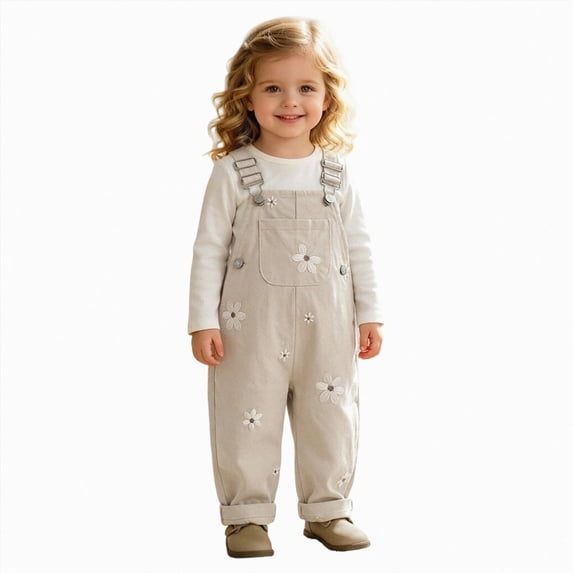 mgoYE Baby Girl Overalls Romper with White Floral Embroidery, Suspender Jumpsuit Pants Clothing Outfit for Toddlers