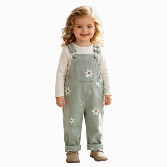 mgoYE Baby Girl Overalls Romper with White Floral Embroidery, Suspender Jumpsuit Pants Clothing Outfit for Toddlers