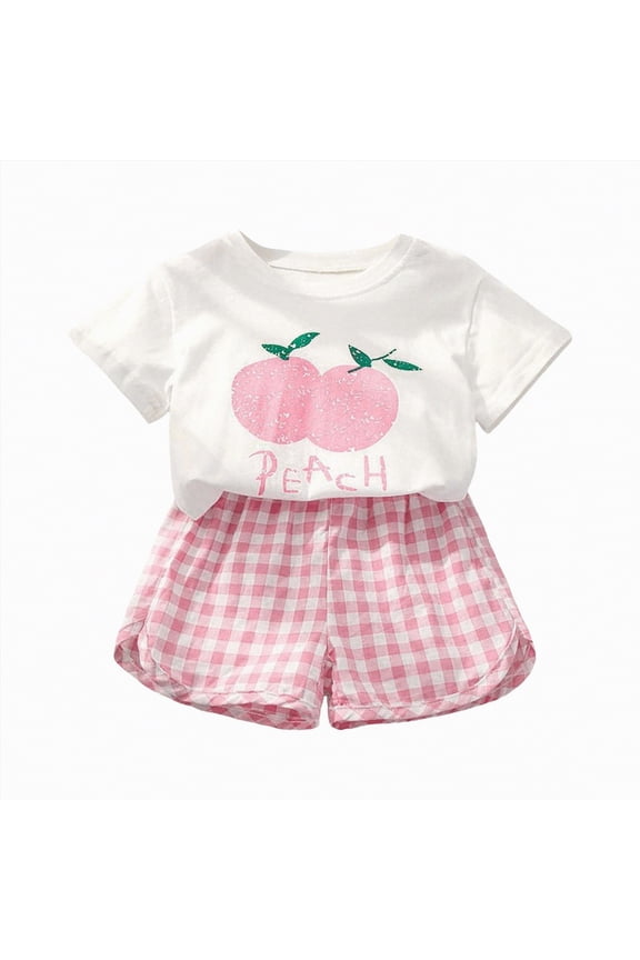 Baby Girl Summer Clothes 18 24 Months Cartoon Fruit Plaid Print Short Sleeve T-Shirts Shorts Clothing Set 2pcs Shorts Outfits Set(Pink,18-24 Months)