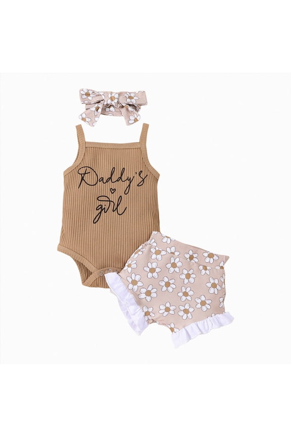 Baby Girl Summer Clothes 3 6 12 18 Month ILove My Daddy Romper Set Sleeveless Tops Ruffled Short Sets with Headband Size 3-6 Months
