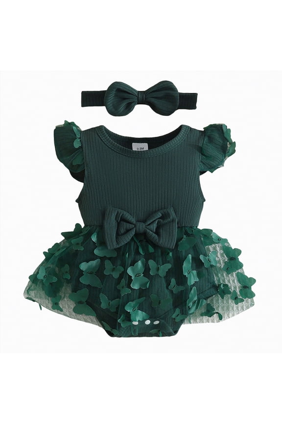 Baby Girl Summer Clothes Newborn Outfit Ruffle Romper Infant Baby Dress Bow Headband Flower Cute Outfits Girls(Green,3-6 Months)