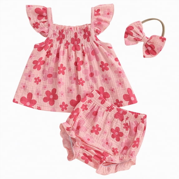 mgoYE Baby Girl Summer Outfit Floral Print Fly Sleeve Ruffled Top Bowknot Elastic Waist Short Casual Toddler Baby Clothes(Hot Pink,3-6 Months)