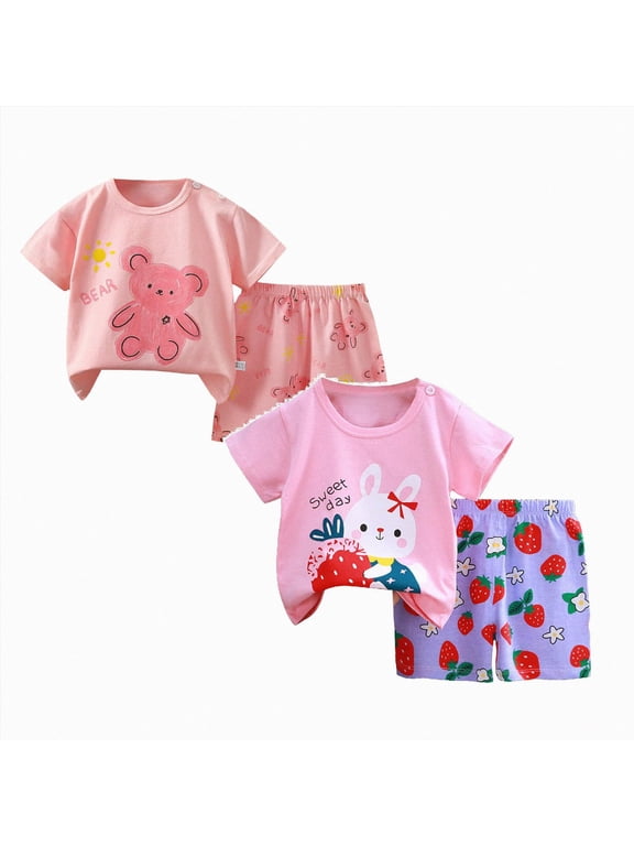 Baby Girl Summer Outfit Size 18-24 Months Short Sleeve T Shirt Tops Casual Shorts Sets 4Pcs 3 9 18 24 Months 2T 3T 4T 5T 6T Kids Shorts Set