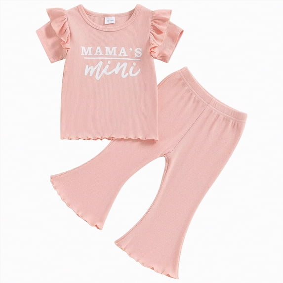 mgoYE Baby Girl Summer Outfits 12M-5T Short Sleeve Mama's Mini Trim Floral Tops + Flare Pant Set Infant Clothes(Pink,18-24 Months)