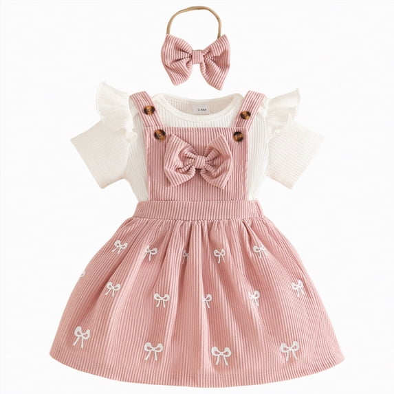 mgoYE Baby Girl Summer Skirt Set Newborn Overall Dress Short Sleeve Ribbed Romper Suspender Skirts 3Pcs Outfits(Pink,6-9 Months)