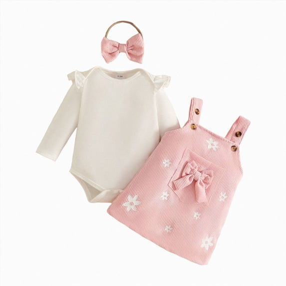 mgoYE Baby Girl Suspender Corduroy Skirt Outfits Long Sleeves Fall Winter Spring Clothes(Pink,12-18 Months)