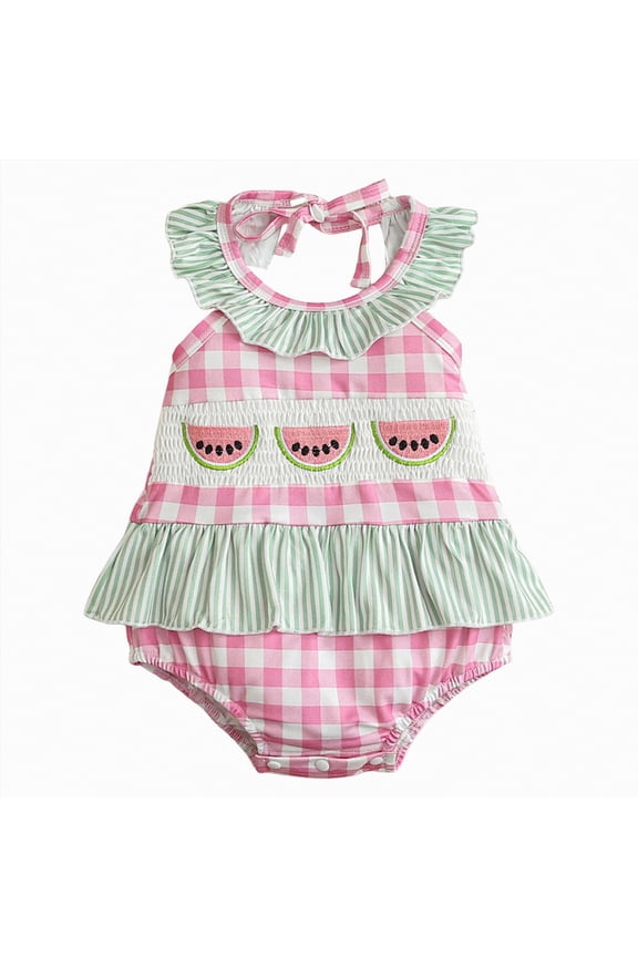 Baby Girl Watermelon Romper Sleeveless Ruffle Smocked Bubble Bodysuit Cute One Piece Summer Outfits|Pink 3-6 Months