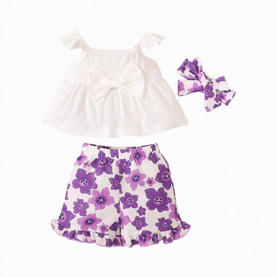 mgoYE Baby Girls Clothes 12 Months Baby Girls Outfit Short Sleeve Ruffle Romper Floral Shorts Headband Sets 0-18 Months(White,9-12 Months)