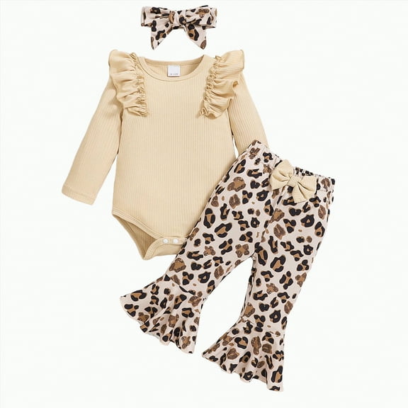 mgoYE Baby Girls Clothes 12 Months Newborn Infant Baby Girls Outfit Long Sleeve Ruffle Romper Floral Pants Headband Sets 0-18 Months(Beige,6-9 Months)