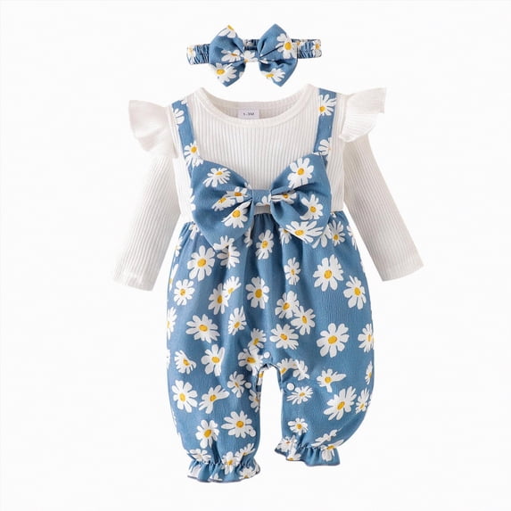 mgoYE Baby Girls Clothes 12 Months Newborn Infant Baby Girls Outfit Long Sleeve Ruffle Romper Floral Pants Headband Sets 0-18 Months(Blue,3-6 Months)