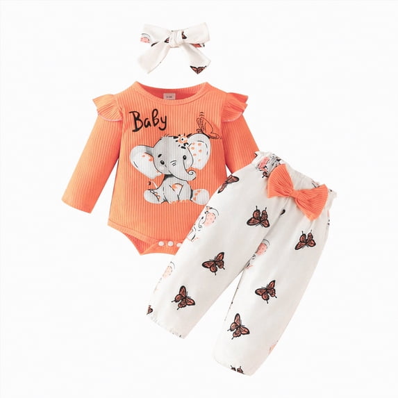 mgoYE Baby Girls Clothes 12 Months Newborn Infant Baby Girls Outfit Long Sleeve Ruffle Romper Floral Pants Headband Sets 0-18 Months(Orange,6-9 Months)