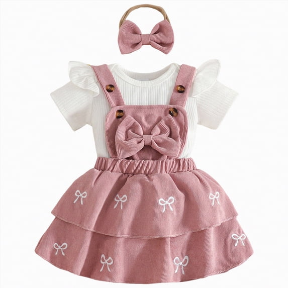 mgoYE Baby Girls Clothes 3 Months Newborn Baby Girl Clothes Summer Outfit Short Sleeve Ribbed Romper Floral Suspender Overalls Shorts Set(Pink,6-9 Months)