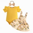 thumbnail image 1 of mgoYE Baby Girls Clothes 3 Months Newborn Baby Girl Clothes Summer Outfit Short Sleeve Ribbed Romper Floral Suspender Overalls Shorts Set(Yellow,9-12 Months), 1 of 6