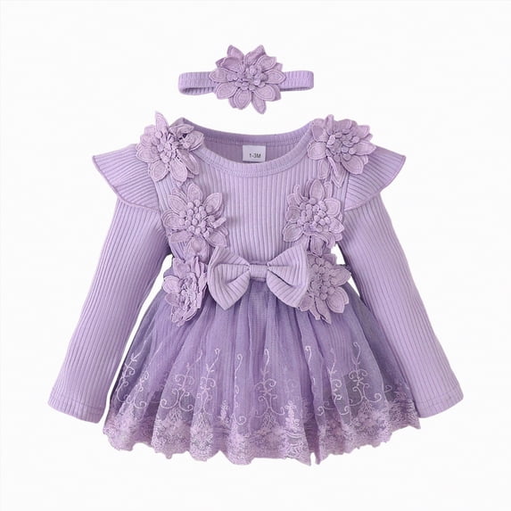mgoYE Baby Girls Elegant Clothes Baby Girl Flower Dress Fall Winter, Tutu Tulle Princess Wedding Birthday Party Dresses for Newborn Girls(Purple,6-9 Months)