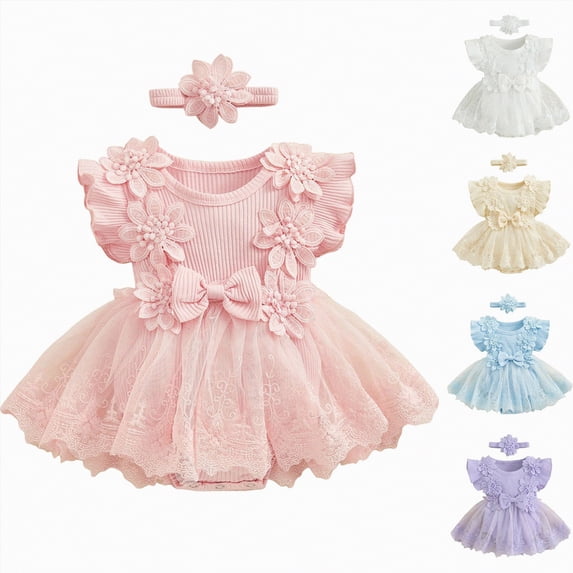 mgoYE Baby Girls Elegant Clothes Newborn Baby Girl 1st Birthday Outfit Floral Lace Tulle Romper Tutu Dress Cake Smash Princess Boho Clothes Photo Shoot(White,6-12 Months)