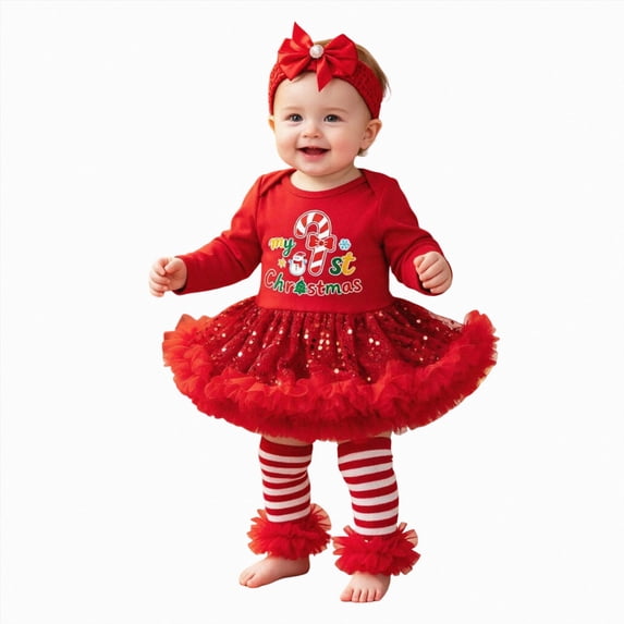 mgoYE Baby Girls First Christmas Outfit Newborn Romper Tutu Dress Infant Xmas Skirt with Headband Leg Warmer 12-18 Months