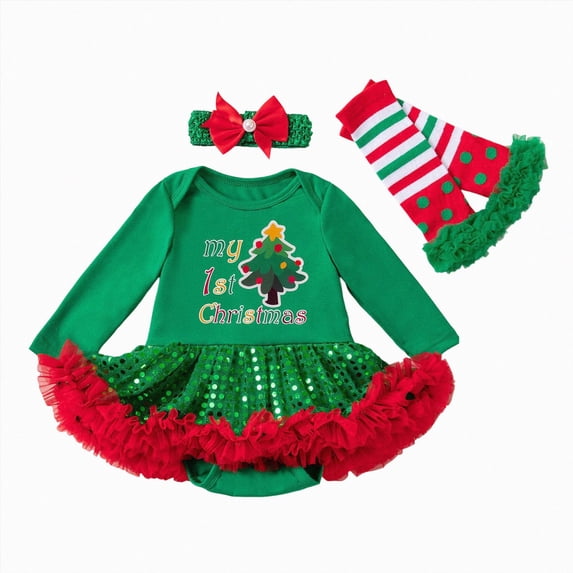 mgoYE Baby Girls First Christmas Outfit Newborn Romper Tutu Dress Infant Xmas Skirt with Headband Leg Warmer 12-18 Months