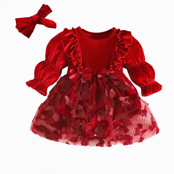 mgoYE Baby Girls Tutu Dresses Velvet Long Sleeve Romper Dress Flower Ruffle Winter for Princess Holiday Party 9-12 Months