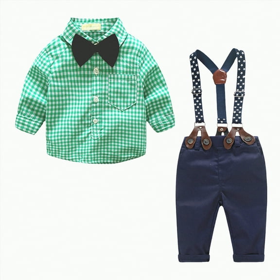 mgoYE Baby Outfits Baby Boy Formal Long Set Toddler Fall Gentleman Outfit Kid Long Sleeve Bowtie Shirt Suspender Longs Suit(Green,3-6 Months)