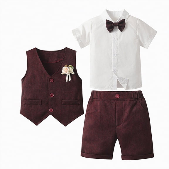mgoYE Baby Outfits Baby Boy Formal Short Set Toddler Summer Gentleman Outfit Kid Short Sleeve Bowtie Shirt Suspender Shorts Suit(,5-6 Years)