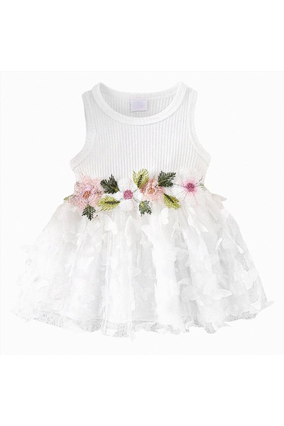 Baby Toddler Girl Ruffled Tutu Dress Kid Sleeveless Ribbed Tulle Dresses Knit Tops Birthday Princess Outfits Size 12-18 Months White