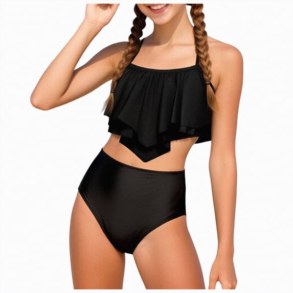 mgoYE Bathing Suit Girls Size 10-12 Girls Ruffle Bikini Swimsuit High Waisted Two Piece Bathing Set Cute Flowy Top Swimwear for Beach Holiday(Bronze,13-14 Years)