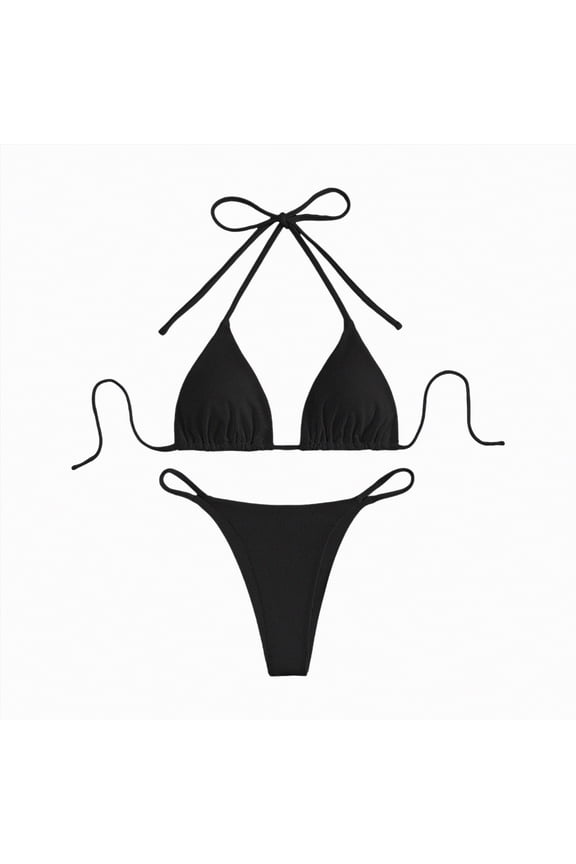 Beach Vacation Clothes for Women Women's Two Piece Bikini Swimsuit Sexy Ribbed Triangle Top Bathing Suits String Cheeky Bikini Sets(Black,S)