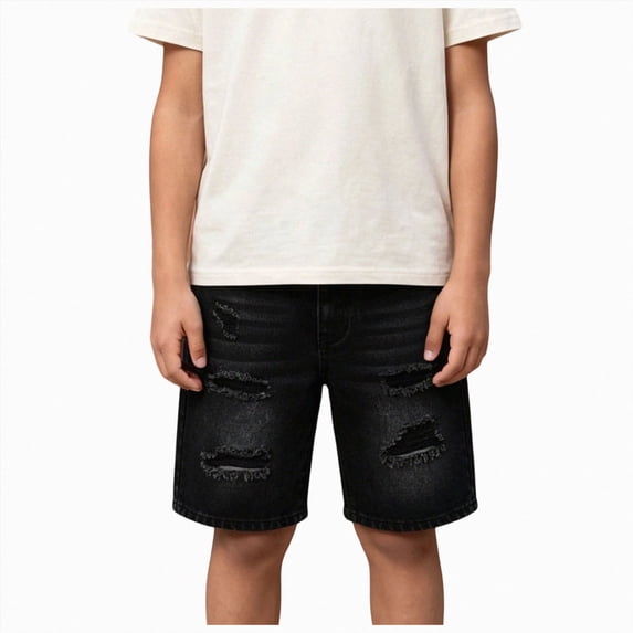 mgoYE Big Boys Denim Shorts,Elastic Waistband Inside Ripped Holes Jeans Summer Wear(Black,9-10 Years)