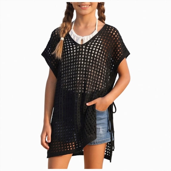 mgoYE Big Girl's V Neck Crochet Short Sleeve Beach Dress Summer Swimsuit Bikini Cover Up(Black,8-10 Years)