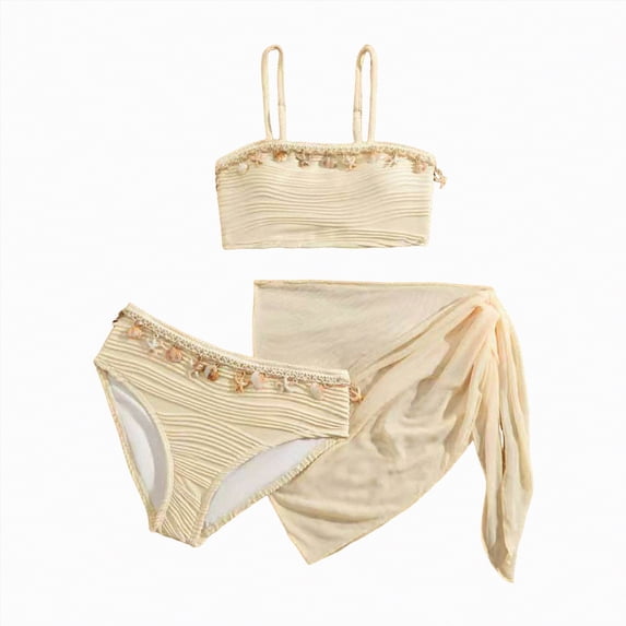 mgoYE Bikinis for Girls 10-12 Girl's Swimsuits 3 Piece Seashell Spaghetti Strap Textured Bathing Suit with Cover Up(Beige,9-10 Years)