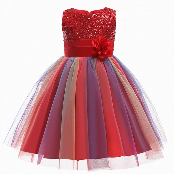 mgoYE Birthday Dress for Girls Little Girl's Sequin Sleeveless Mesh Rainbow Dress for Wedding Party(Red,4-5 Years)