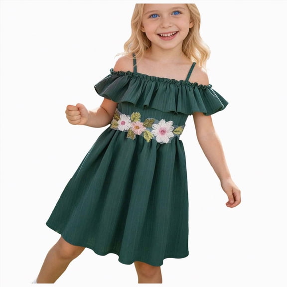 mgoYE Birthday Girl Dress Toddler Girls' Floral Spaghetti Strap Dress with Ruffle Hem & Flower,Sun Dress for 2-7 Year Olds(Dark Green,6-7 Years)