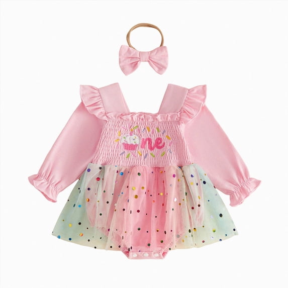 mgoYE Birthday Girl Outfit One Cupcake Embroidery Romper Dress First Birthday Outfit Girl, Long Sleeve Tulle Romper Dress with Bow Headband 12-18 Months