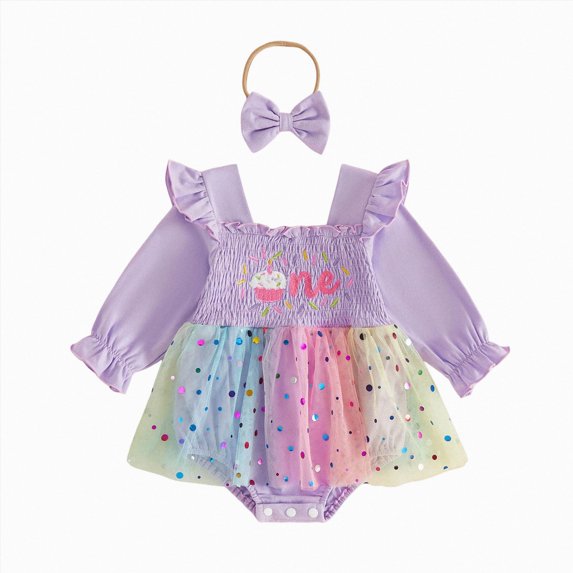 mgoYE Birthday Girl Outfit One Cupcake Embroidery Romper Dress First Birthday Outfit Girl, Long Sleeve Tulle Romper Dress with Bow Headband 6-12 Months