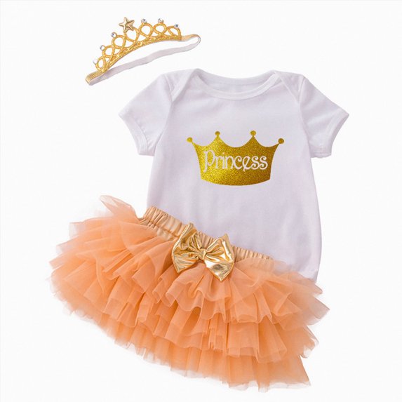mgoYE Birthday Outfit Girls Baby One Romper + Ruffle Tulle Skirt + Sequins Crown Headband 3PCS Clothes Set