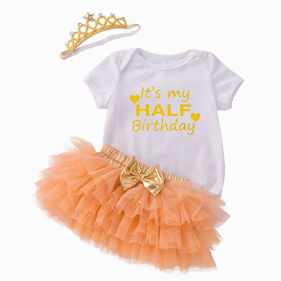 mgoYE Birthday Outfit Girls Baby One Romper + Ruffle Tulle Skirt + Sequins Crown Headband 3PCS Clothes Set