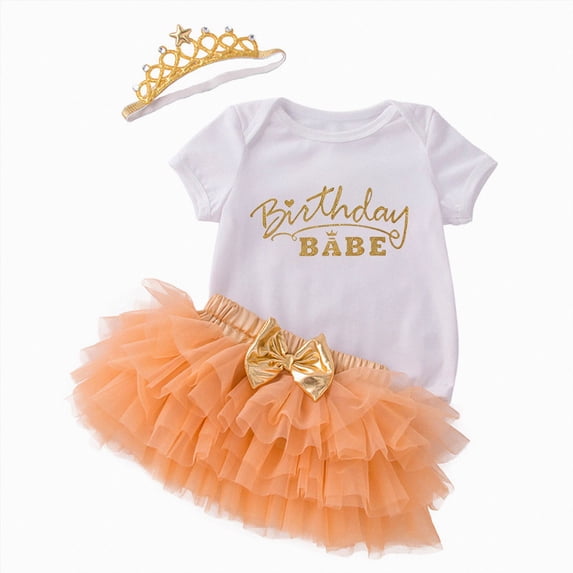 mgoYE Birthday Outfit Girls Baby One Romper + Ruffle Tulle Skirt + Sequins Crown Headband 3PCS Clothes Set