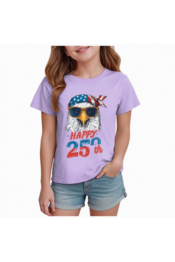 Boy T-Shirts Size 4-5 Summer Girls Shirts Eagle Flag Pattern- Cute T-Shirt Boys Graphic Tee 4th of July Shirt Soft Cotton Crewneck Short Sleeve Tops(Purple,5-6 Years)
