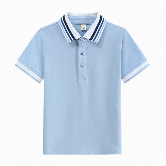 mgoYE Boy's Short Sleeve Collared Tshirts Striped Trim Button Lightweight Golf Tops(Blue,15-16 Years)