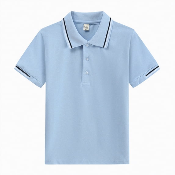 mgoYE Boy's Short Sleeve Collared Tshirts Striped Trim Button Lightweight Golf Tops(Light Blue,8-9 Years)