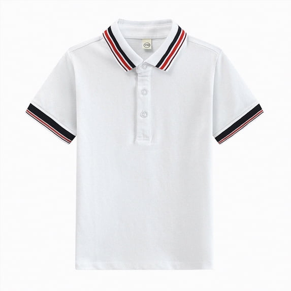 mgoYE Boy's Short Sleeve Collared Tshirts Striped Trim Button Lightweight Golf Tops(White,6-7 Years)